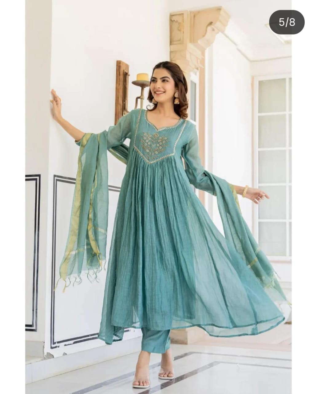 Designer Hand-Embroidered Anarkali Suit with Chanderi Dupatta – Cotton Kurti & Pant (M–3XL)