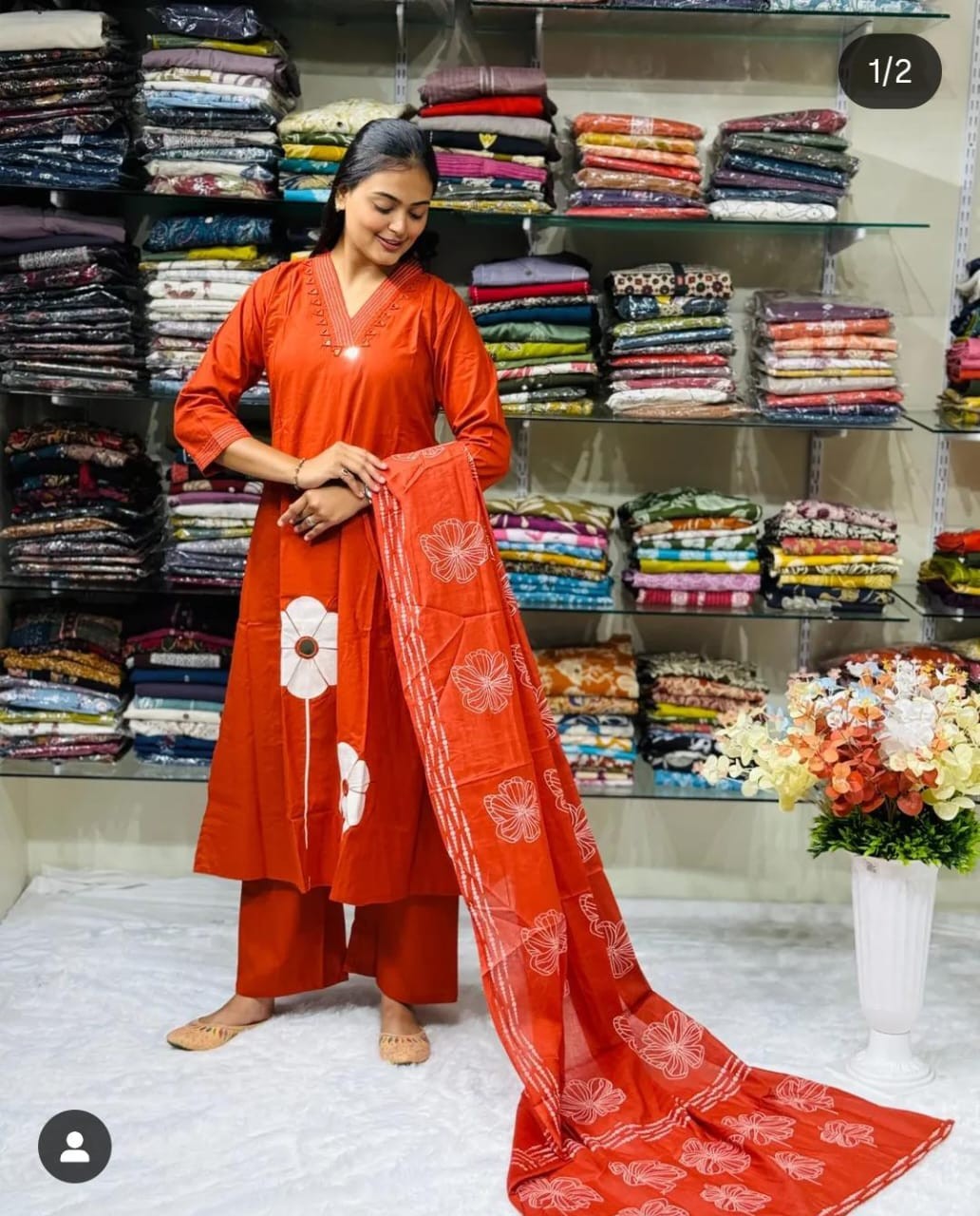 Elegant Full Embroidered Flared Cotton Suit with Katha Detailing (M–3XL)