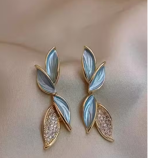 Oil Painted Leaf Design Drop Earrings – Gold-Plated Alloy with American Diamond