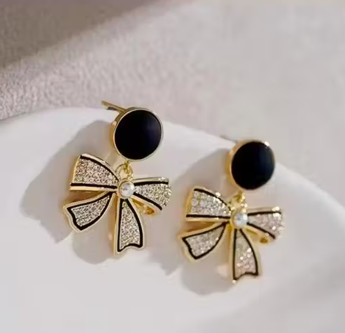 Black Bow Earrings – Gold-Plated Chandelier Earrings with American Diamonds