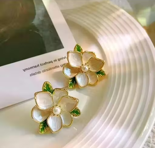 Delicate Enamel Camelia Floral Pearl Stud Earrings – Gold-Plated Elegant Design