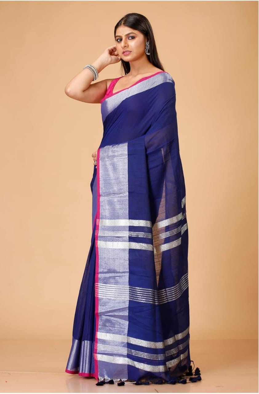 Handloom Slub Cotton Saree with Silver Zari Work – Summer Collection Blue