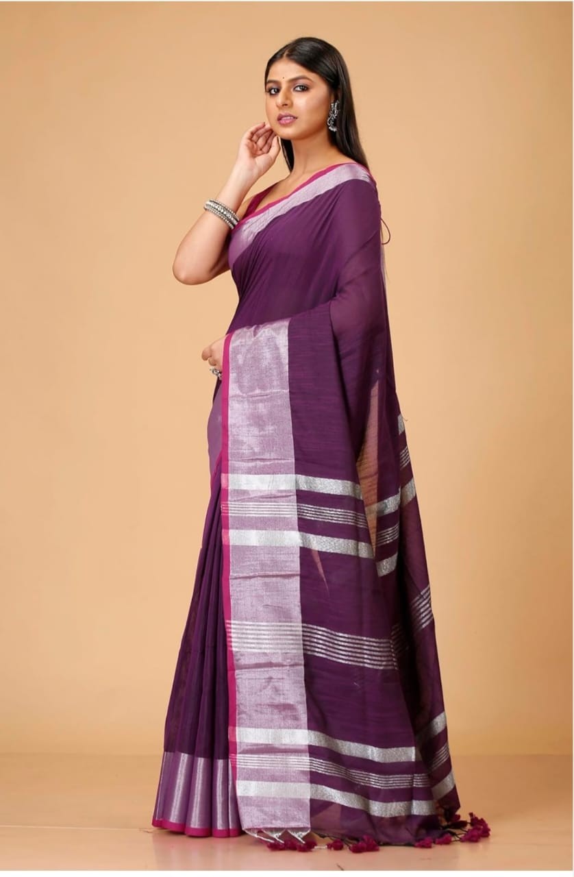 Handloom Slub Cotton Saree with Silver Zari Work – Summer Collection Purple