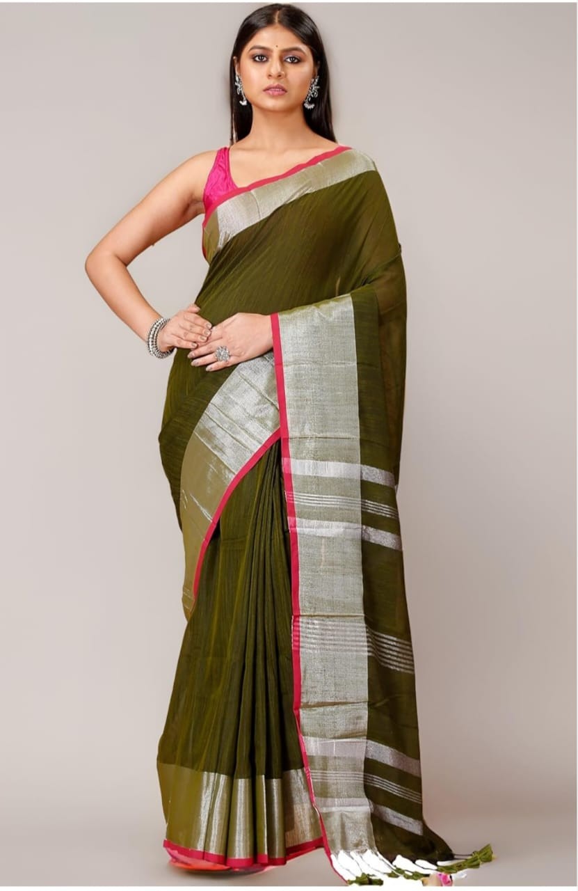 Handloom Slub Cotton Saree with Silver Zari Work – Summer Collection Olive Green