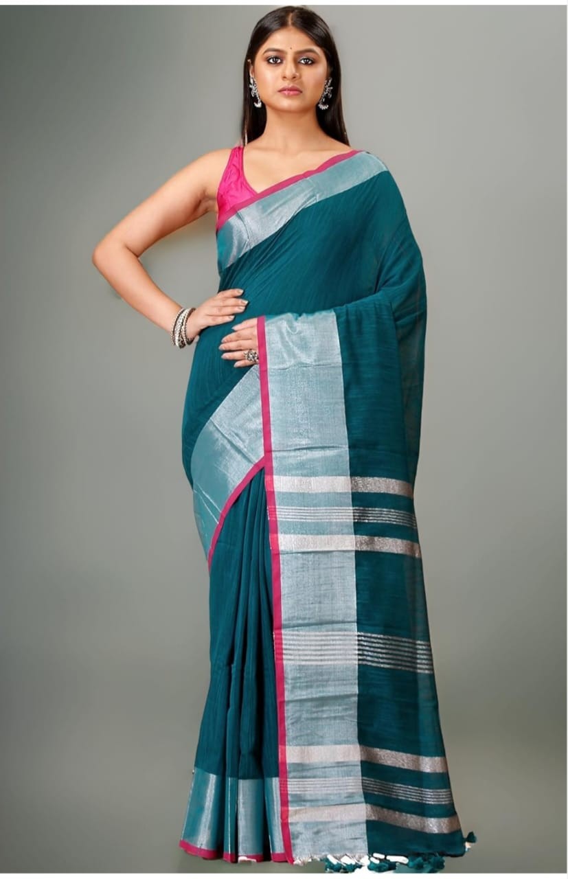 Handloom Slub Cotton Saree with Silver Zari Work – Summer Collection Rama Greem