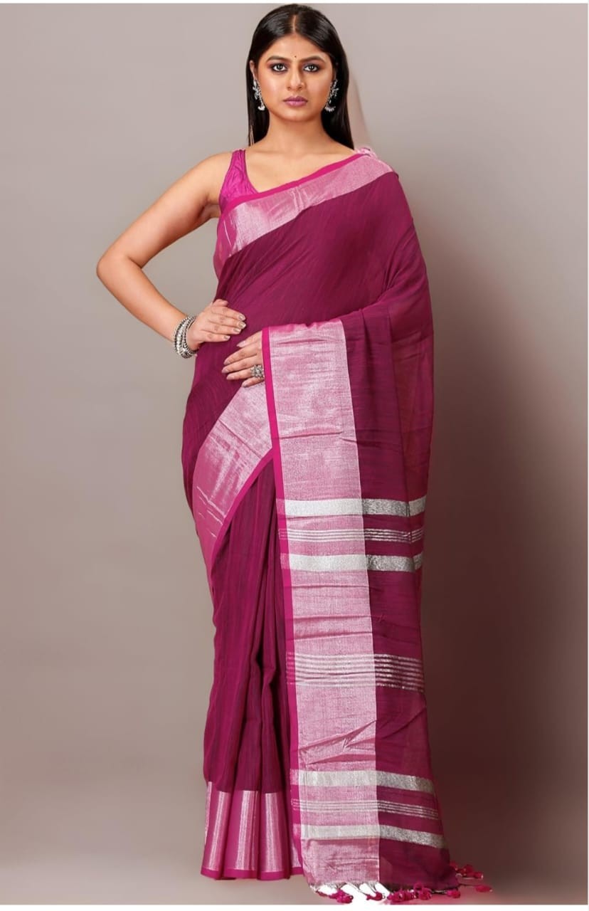 Handloom Slub Cotton Saree with Silver Zari Work – Summer Collection Magenta