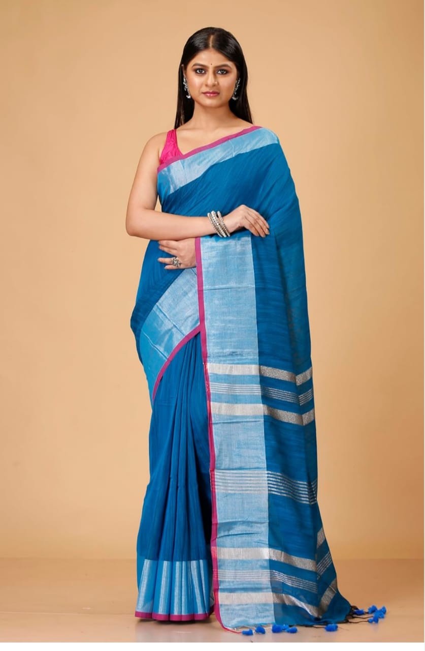 Handloom Slub Cotton Saree with Silver Zari Work – Summer Collection Teal