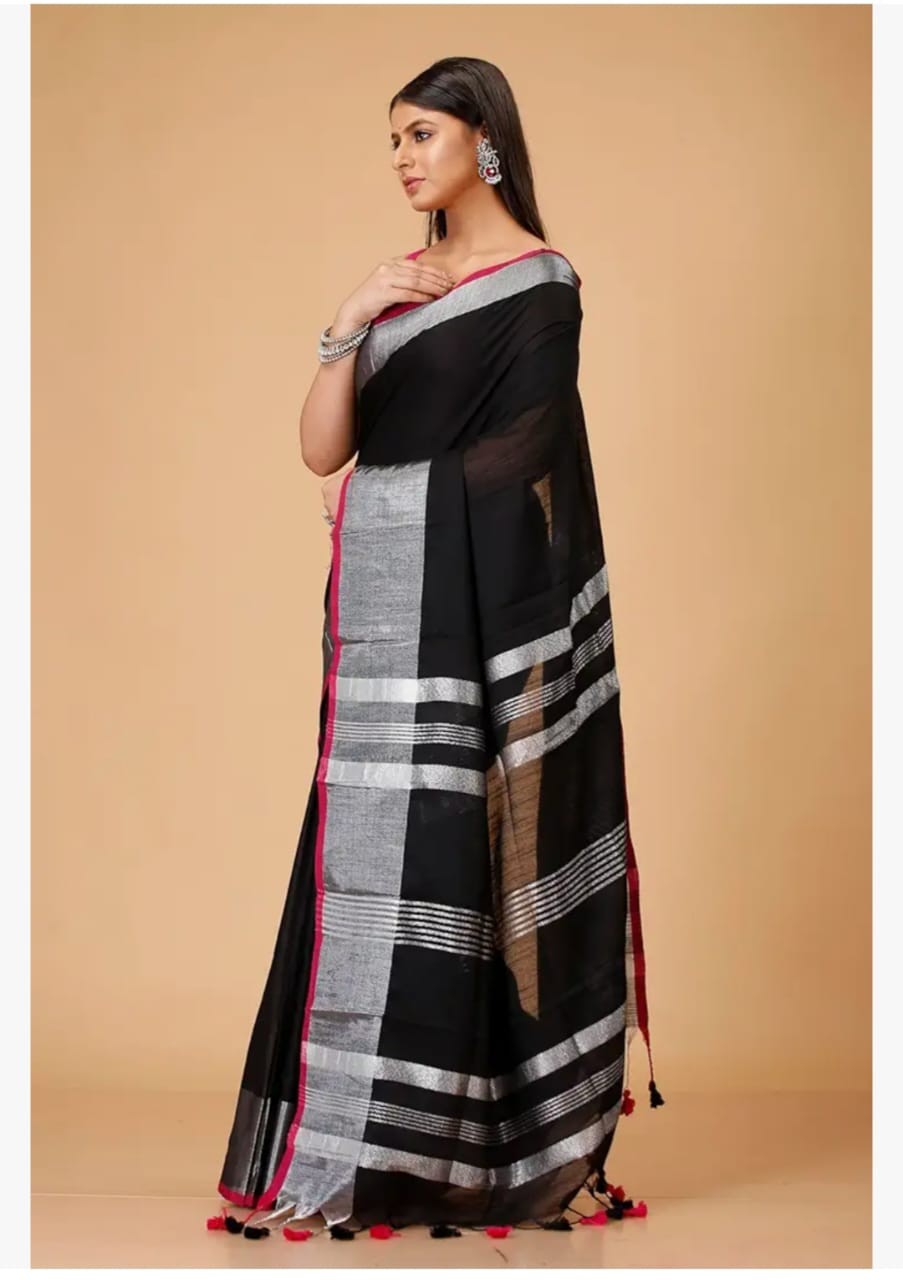 Handloom Slub Cotton Saree with Silver Zari Work – Summer Collection Black