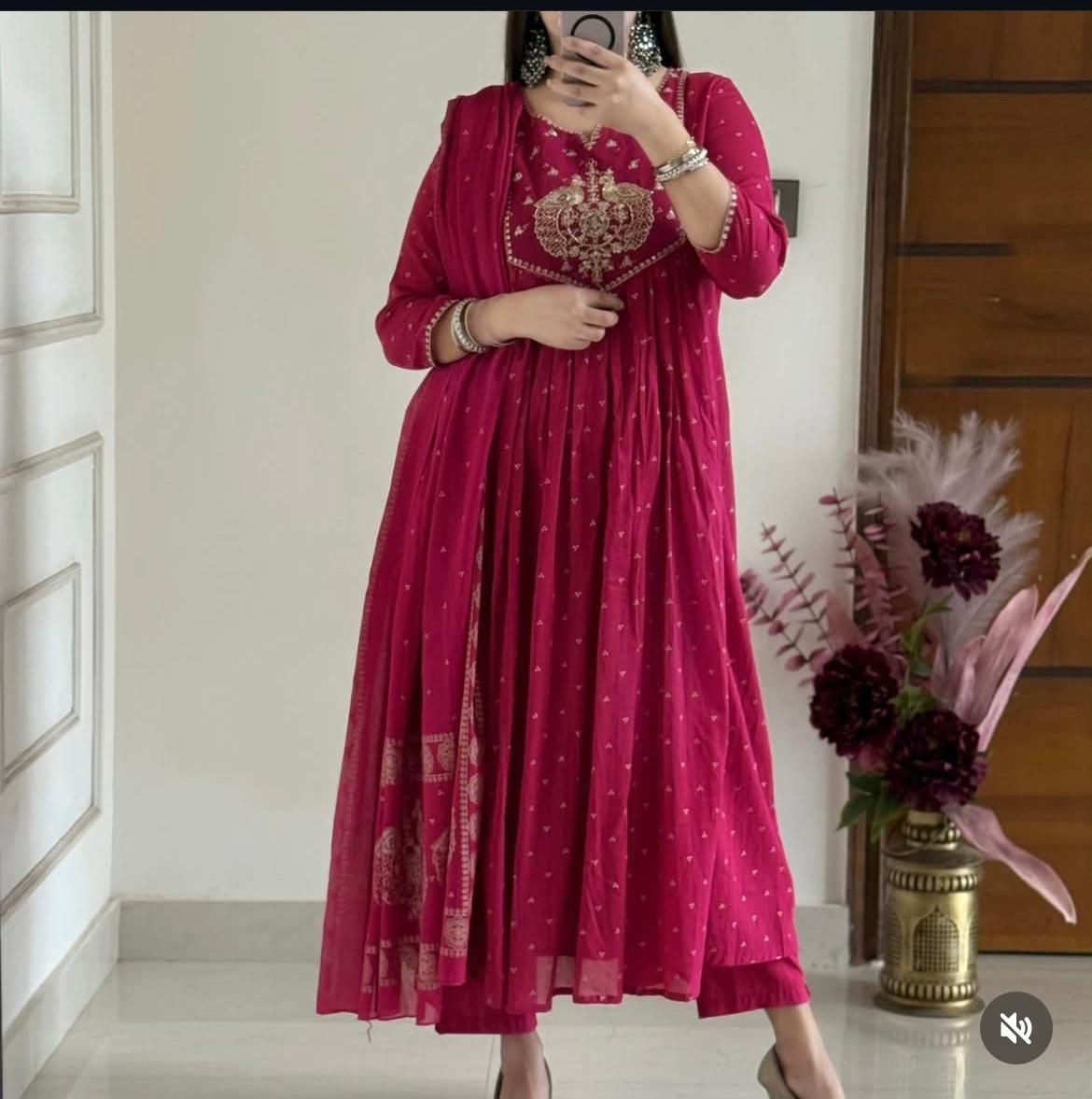 New Anarkali Kurta Set with Angrakha Style – Printed Cotton Kurta Pant Dupatta Set