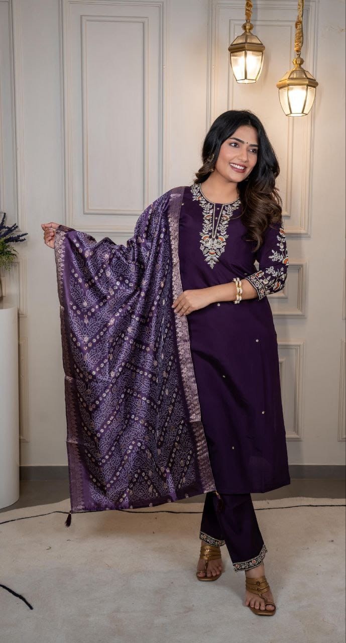 New Designer Roman Silk Kurti Pant Dupatta Set – Heavy Multi Embroidery with Lichi Silk Dupatta