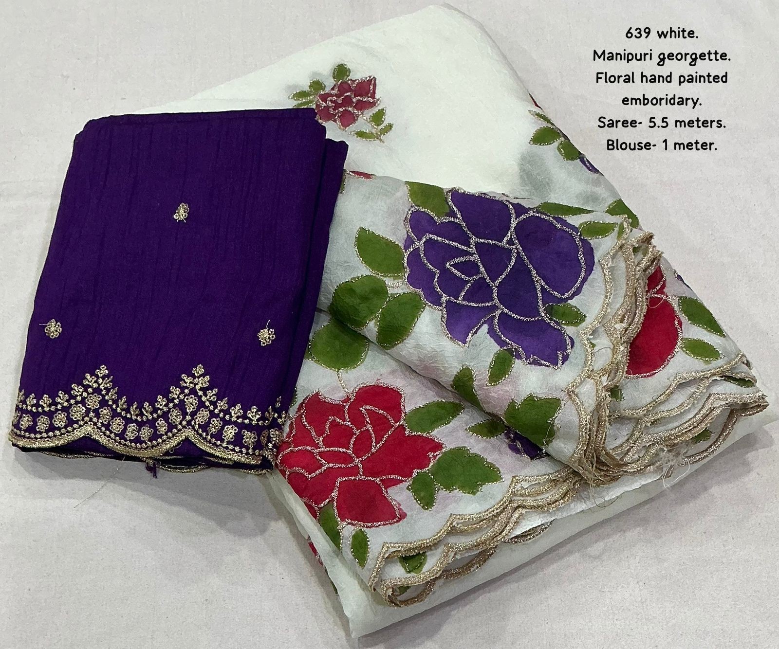 Premium Manipuri Georgette Saree – White with Floral Hand-Painted Embroidery & Contrast Blouse